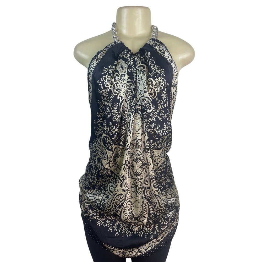 Forever Halter Neck Black & Gold Blouse With Chain Detail Paisley Size M - New